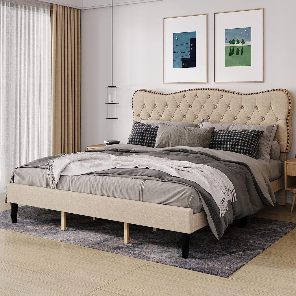 King Size Beige Linen Upholstered Bed Frame with Adjustable Headboard X48310