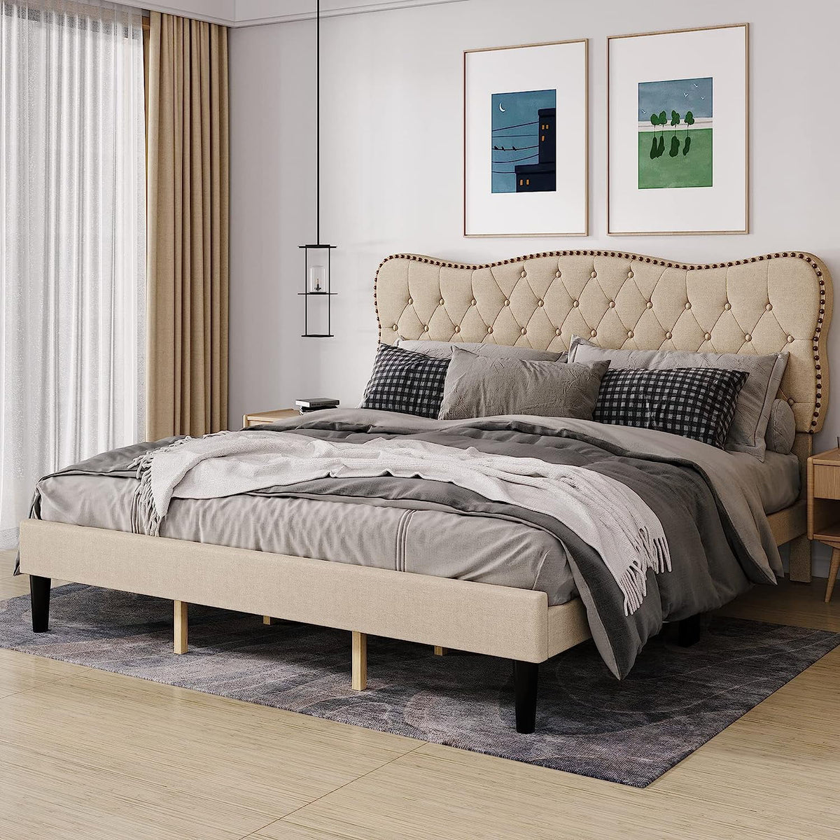 King Size Beige Linen Upholstered Bed Frame with Adjustable Headboard X48310