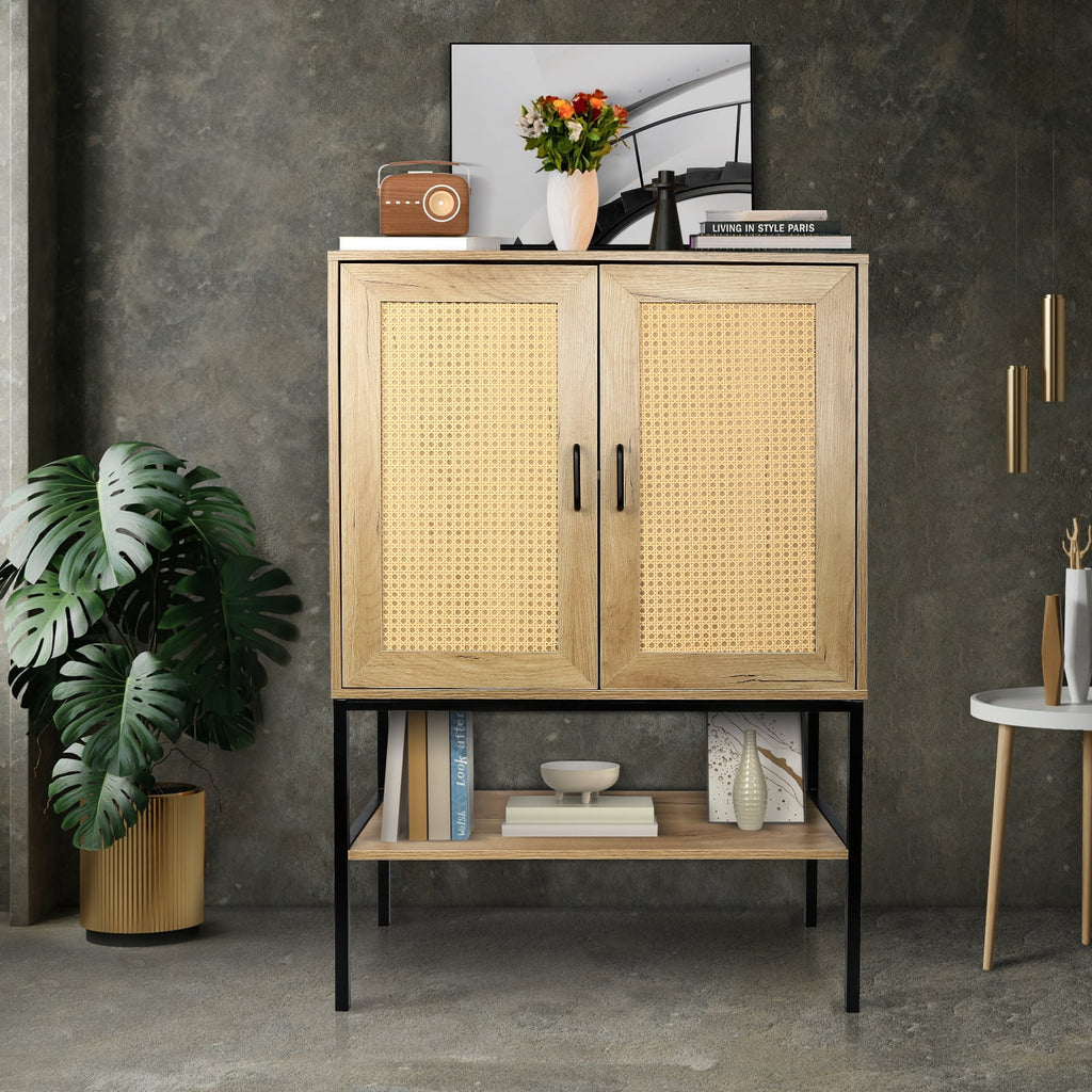 Rattan Doors Free Standing Storage Cabinet with Bottom Shelf H556037
