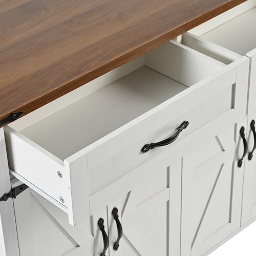 White Kitchen Island with Drop Leaf, 2 Drawers, Power Outlet, Spice Rack, Rolling Cart on Wheels E39740