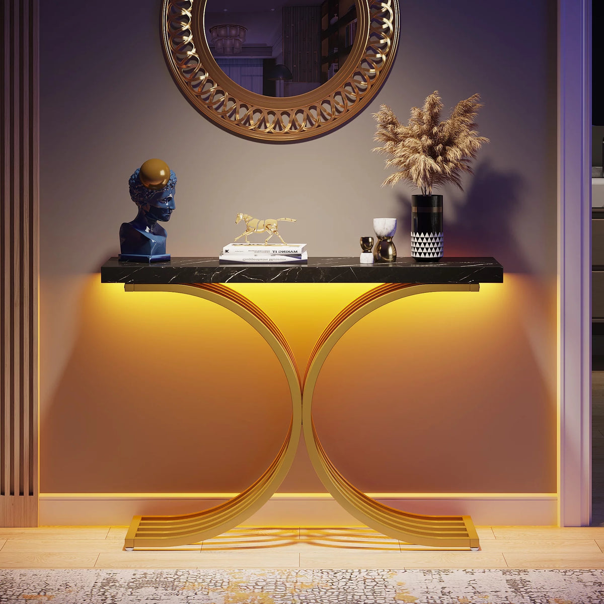Gold Entryway Console Table with Faux Marble Top C612124