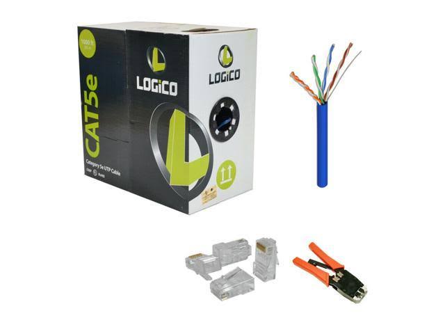 Cat5e UTP Plenum Cable 1000ft Blue + RJ45 Crimp Tool Plugs Kit P4490