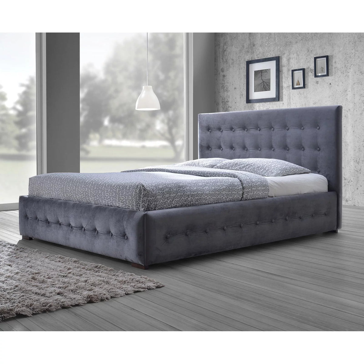 Grey Velvet Button-Tufted Platform Bed X5708
