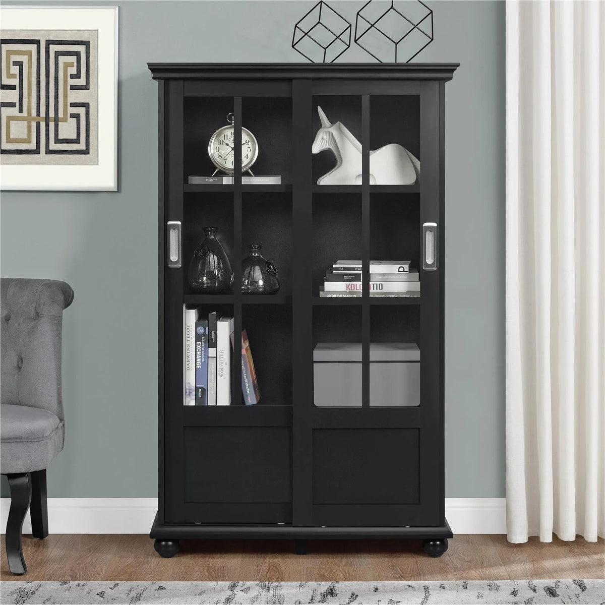 Black Bookcase with Sliding Glass Doors A406