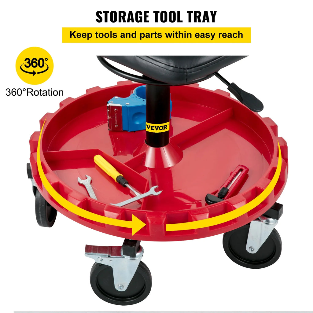 Rolling Garage Stool, 300lbs Capacity, Adjustable Height, Swivel Wheels, Tool Tray, Red U514863