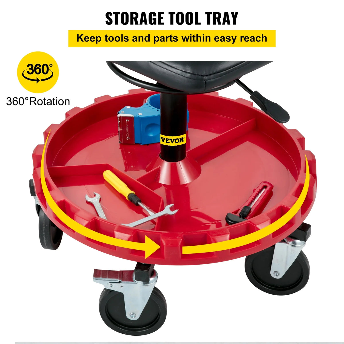 Rolling Garage Stool, 300lbs Capacity, Adjustable Height, Swivel Wheels, Tool Tray, Red U514863