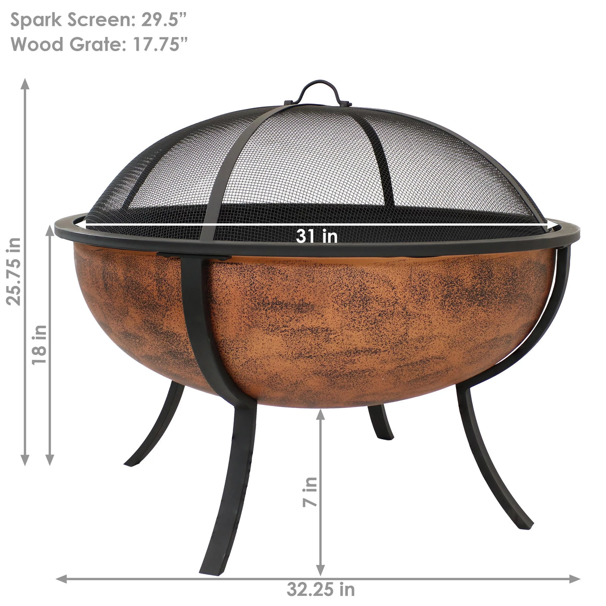 Copper Raised Outdoor Fire Pit Bowl with Spark Screen - 32" O4473