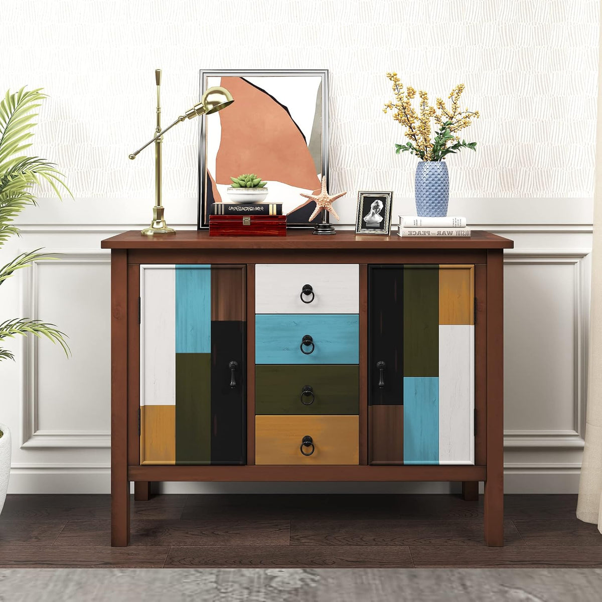 Modern Wooden Console Table with 2 Drawers, 2 Cabinets and 1 Shelf N46713