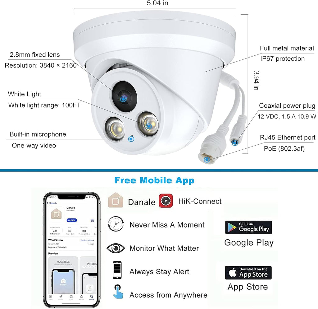4K Full Color Night Vision 8MP POE Dome IP Camera X842909
