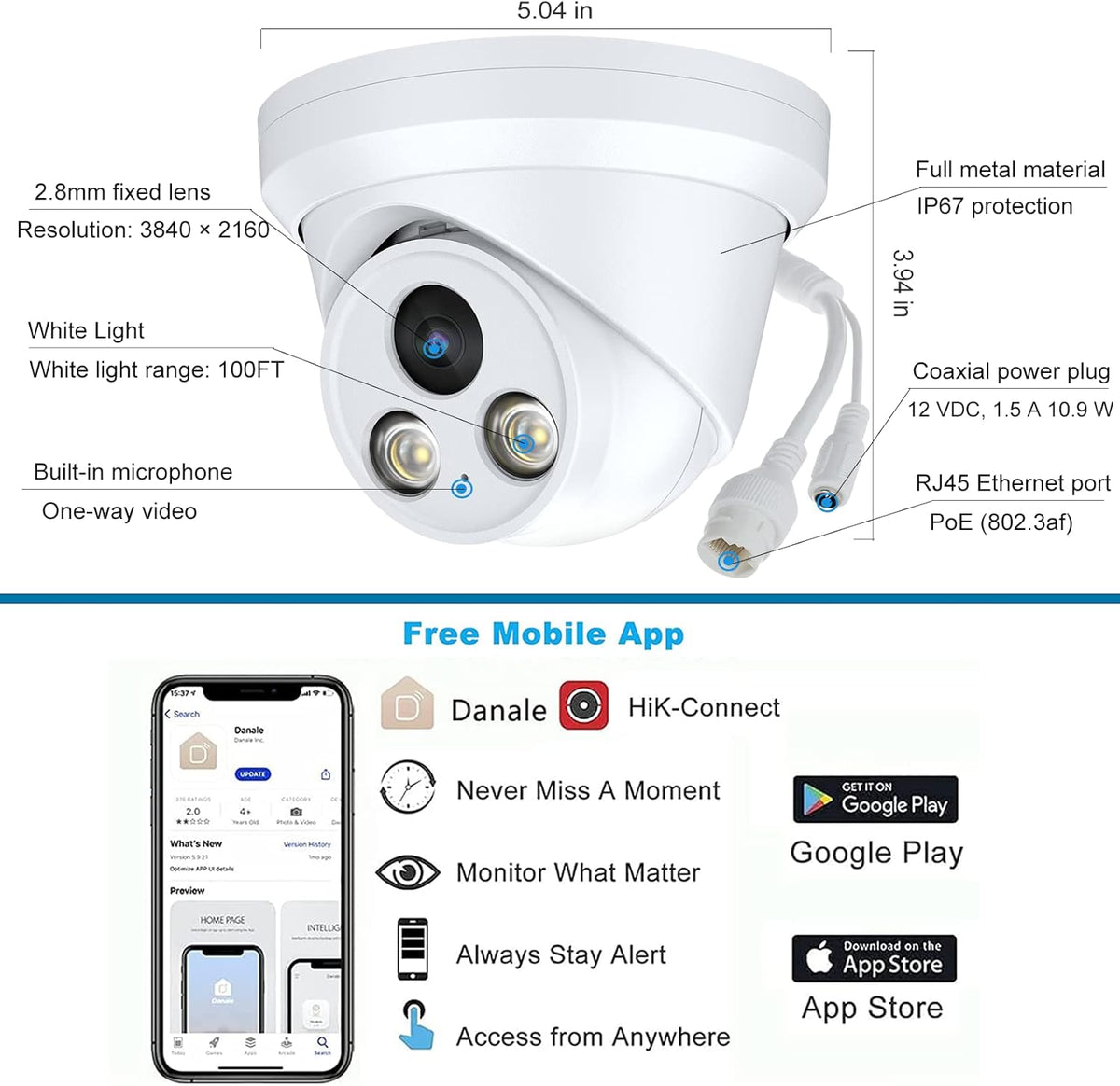 4K Full Color Night Vision 8MP POE Dome IP Camera X842909