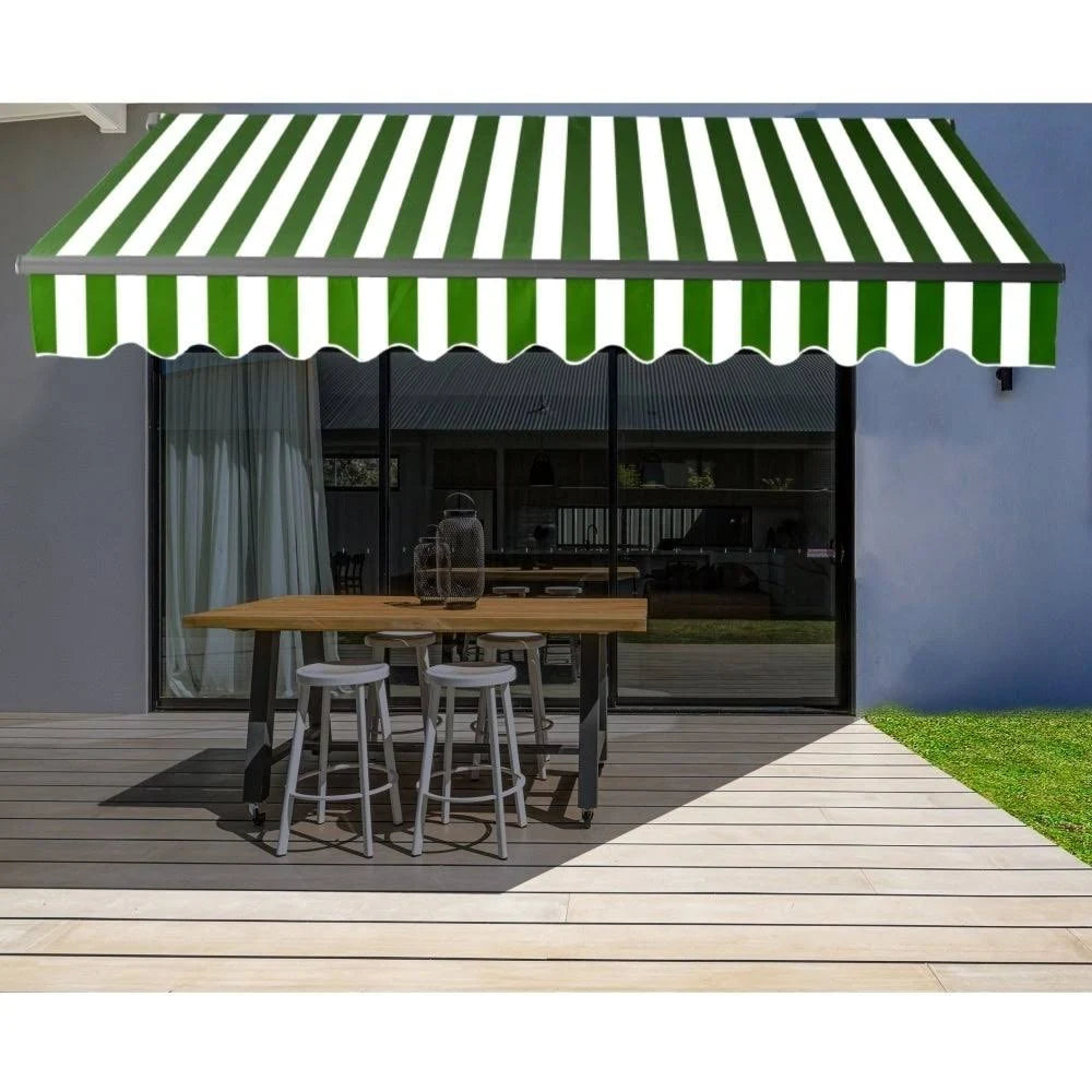 Black Frame Motorized Retractable Patio Awning 13&x10& Green/White H24160