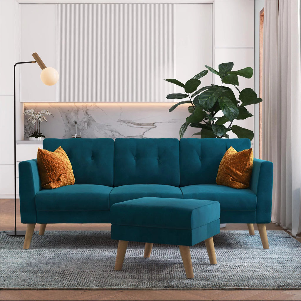 Blue Velvet Upholstered Sectional Sofa with Ottoman W5771