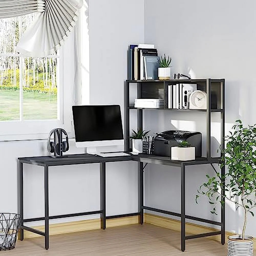 55 Inch L Shaped Computer Desk with Hutch Black R7905
