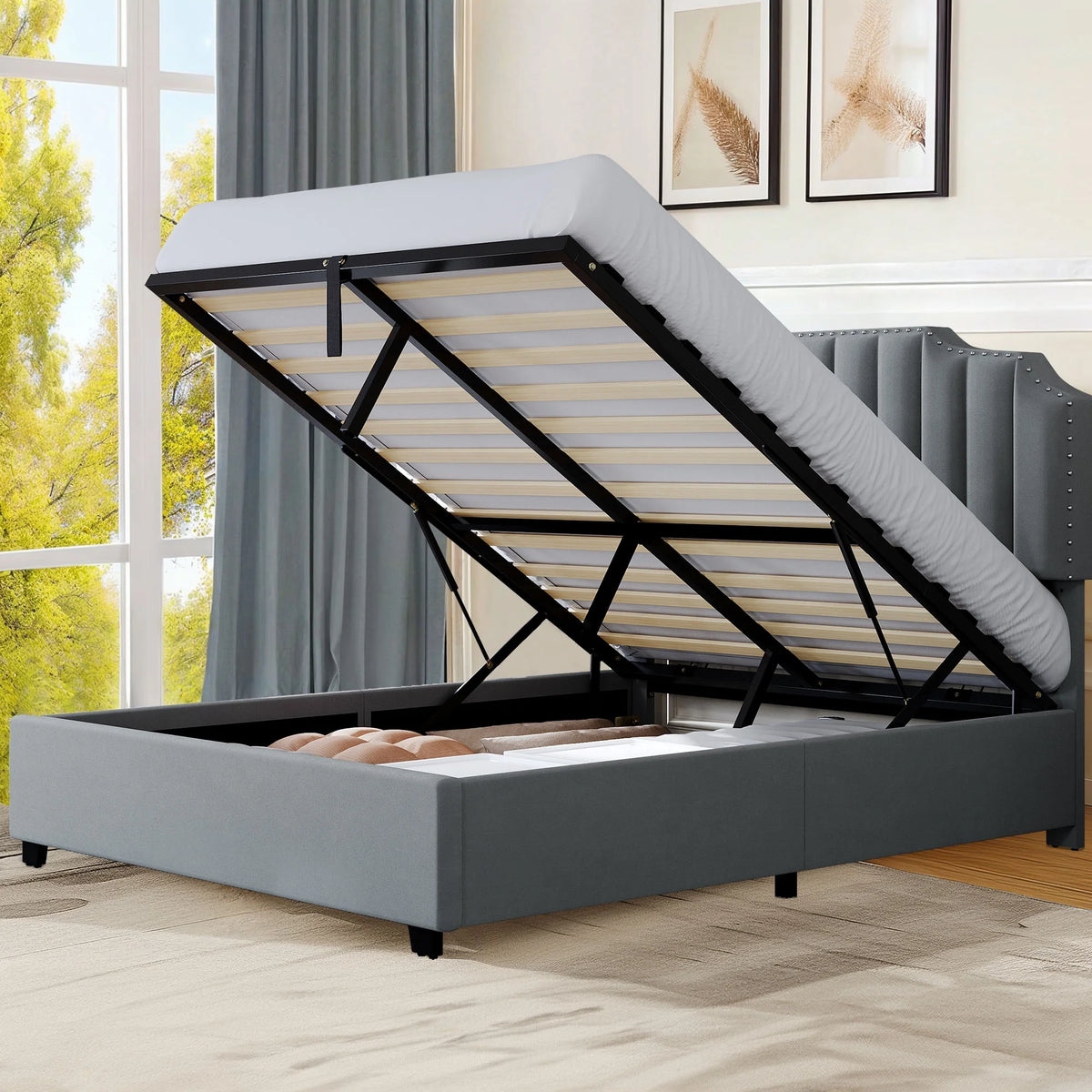 King Lift Up Storage Velvet Upholstered Platform Bed Frame M53067