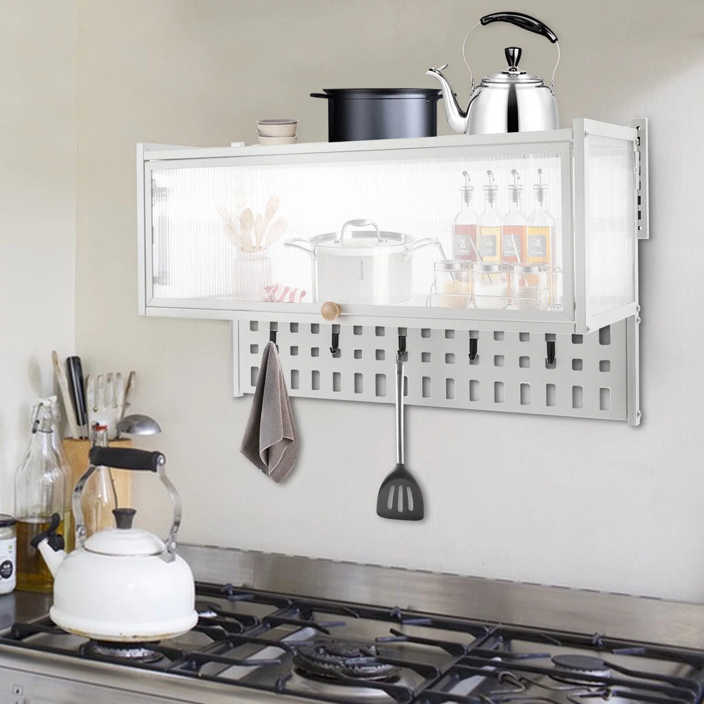 White Wall Mounted Cabinet with 5 Hooks E720