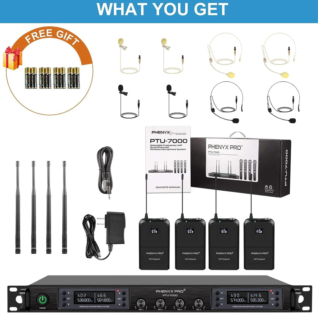 Wireless Microphone System, Quad Channel Cordless Mic Set with Four Bodypacks and Headsets/Lapels S36694