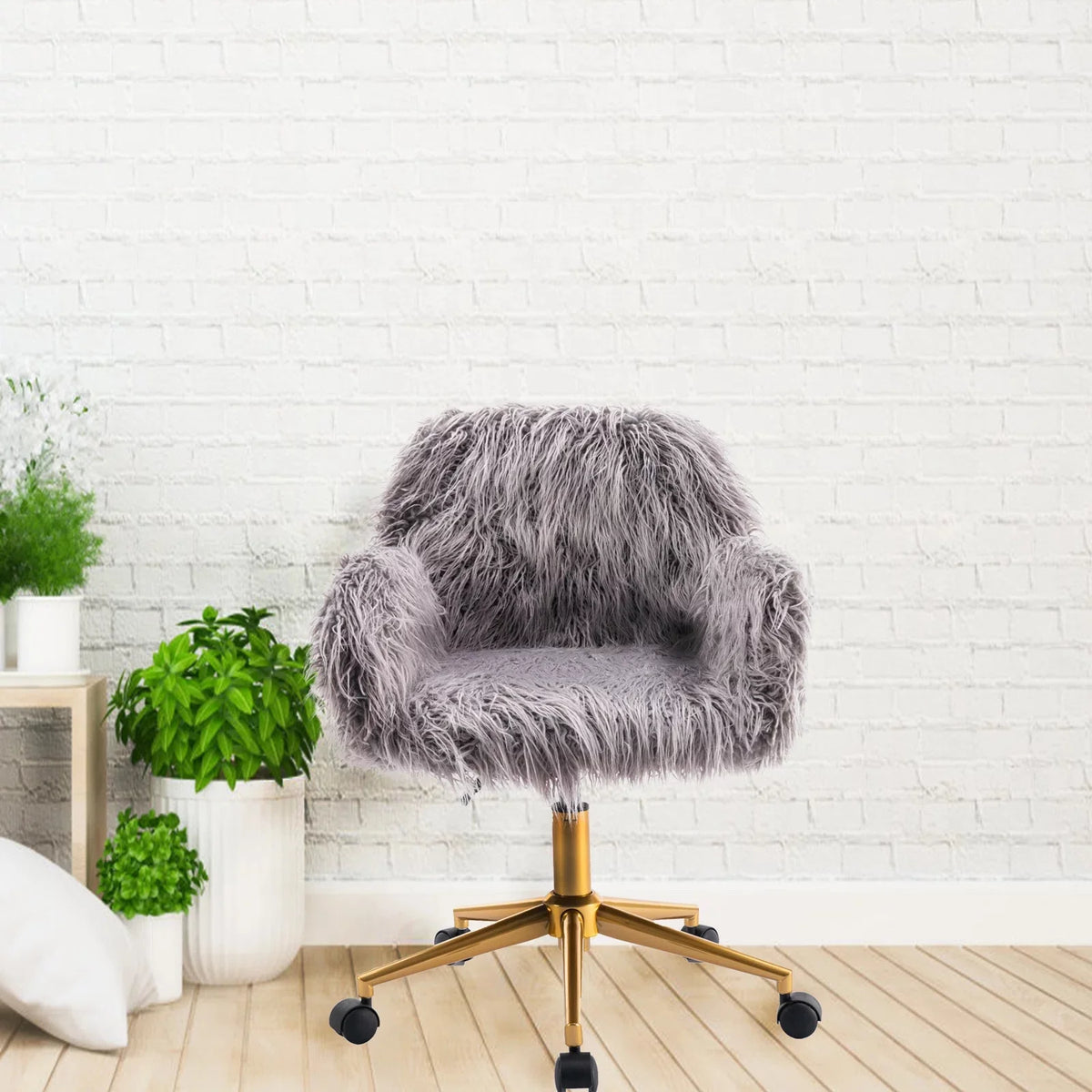 Gray Faux Fur Upholstered Swivel Vanity Chair O4386
