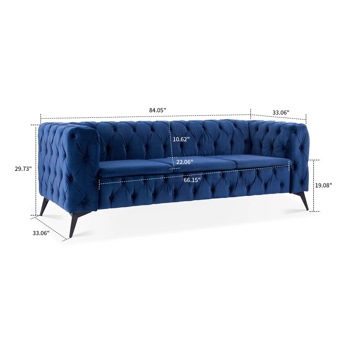 Peacock Blue Velvet Upholstered Three-seat Sofa with Metal Legs G25095