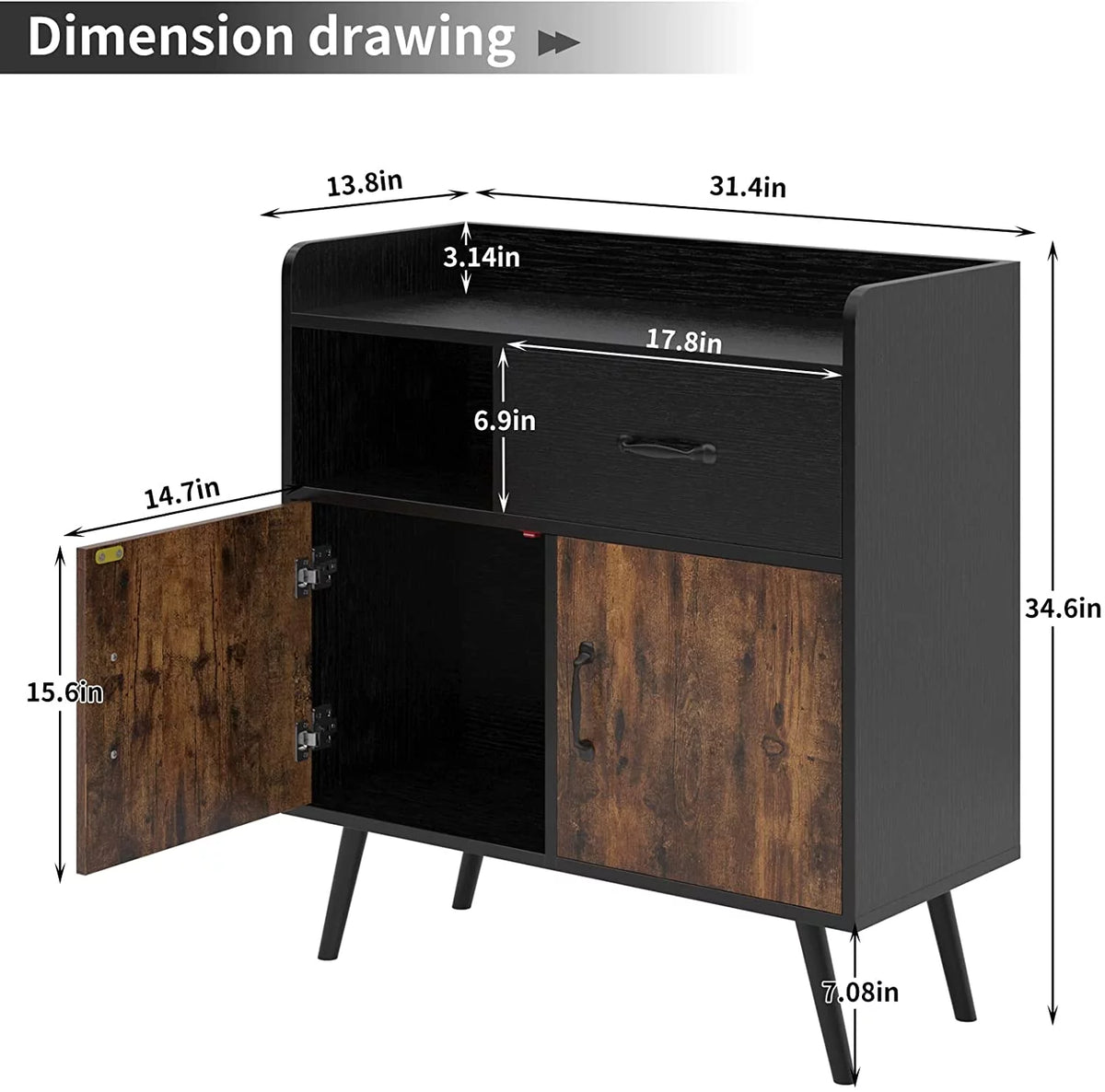 Black and Rustic Brown Wood Storage Cabinet with 1 Drawer K384