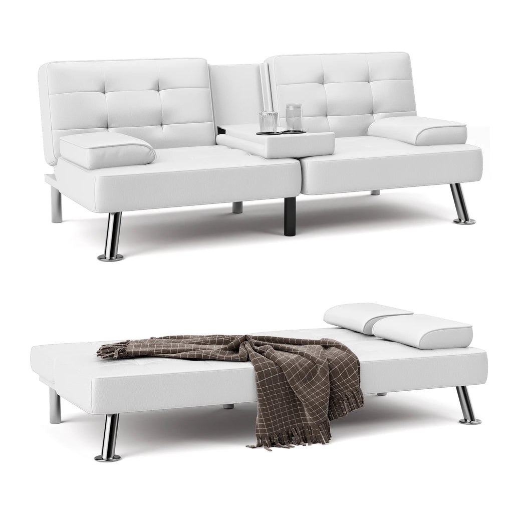 Faux Leather Convertible Futon Sofa Bed with 2 Cup Holders P9291