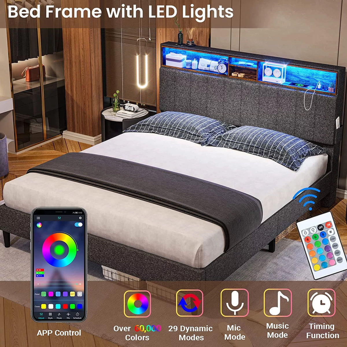 Queen Platform Bed Frame with LED Lights Headboard & USB Ports, Dark Grey H1150
