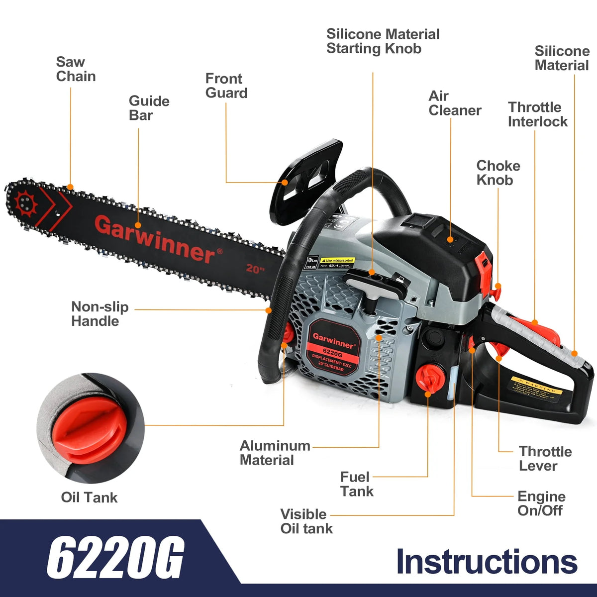 Gas Chainsaw 20'' 2-Stroke 62CC T433437
