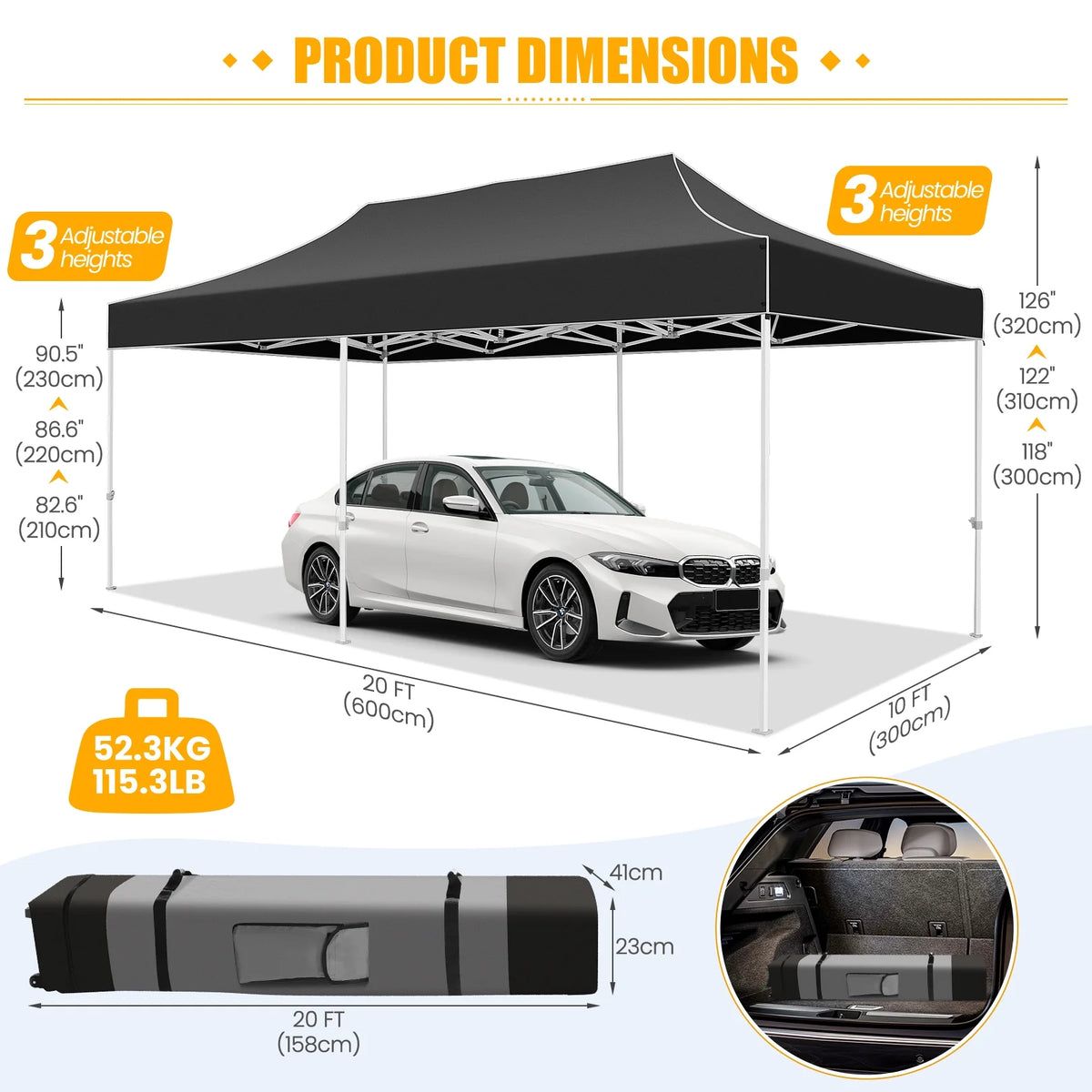 10'x20' Pop Up Canopy Tent with 3 Heights Adjustable, Black D34175