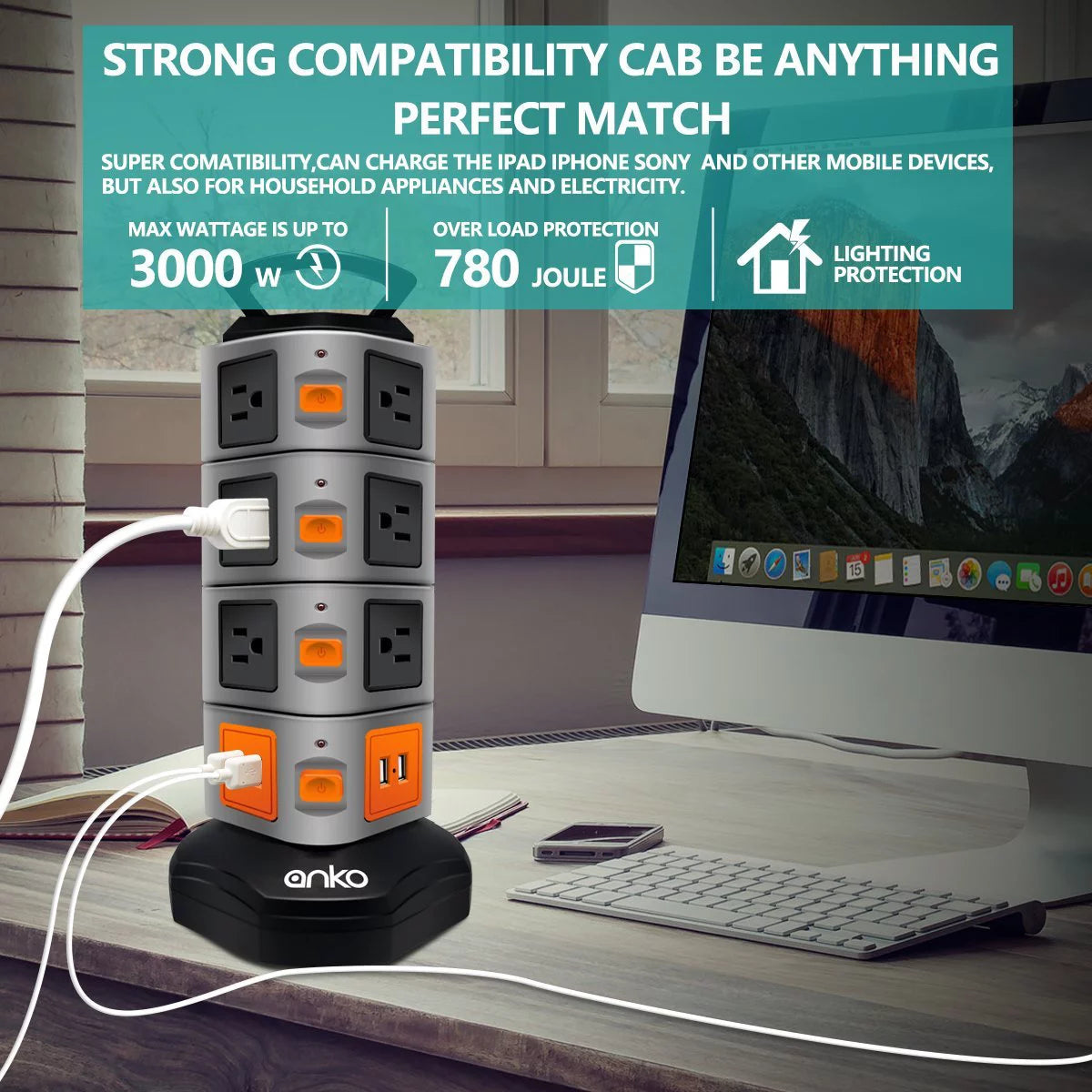 3000W 14 Outlet 4 USB Power Strip Tower G14977