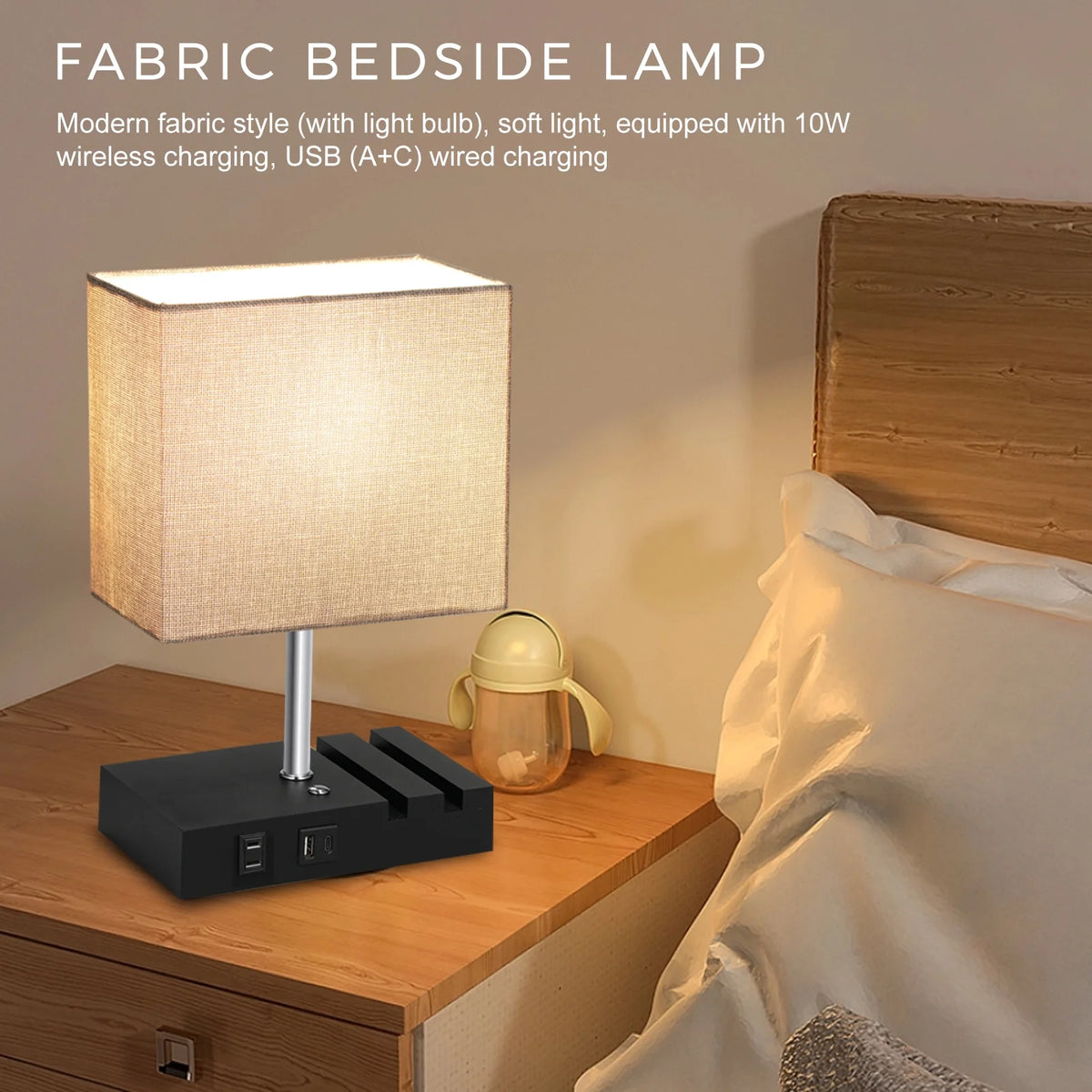 Touch Control Dimmable Bedside Table Lamp with USB C+A Ports and Grey Fabric Shade Z283869