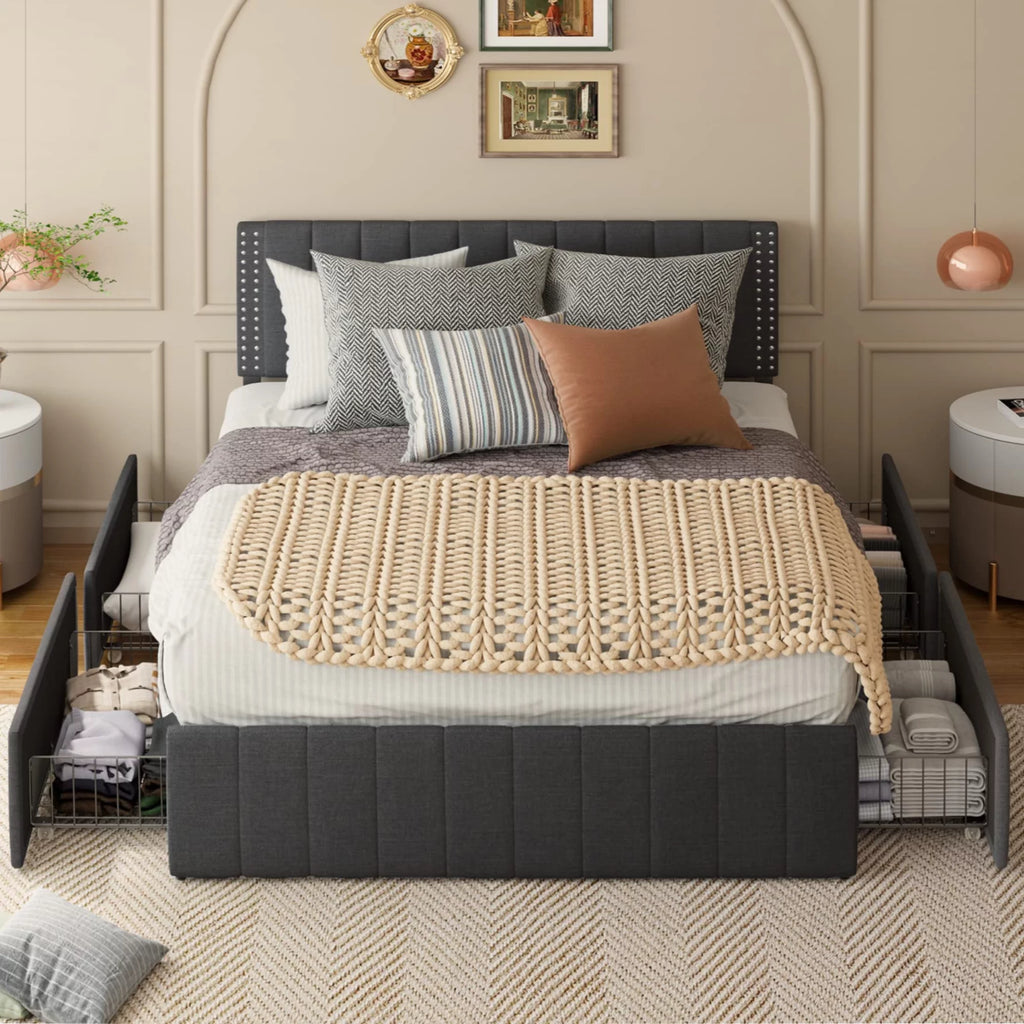Queen Bed Frame with Adjustable Headboard and 4 Storage Drawers P548