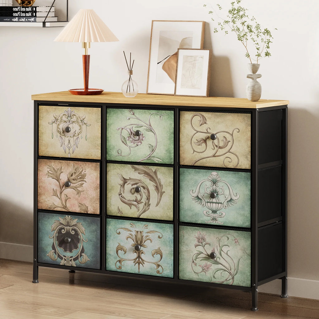9 Drawer Dresser with Steel Frame Wooden Top F889451