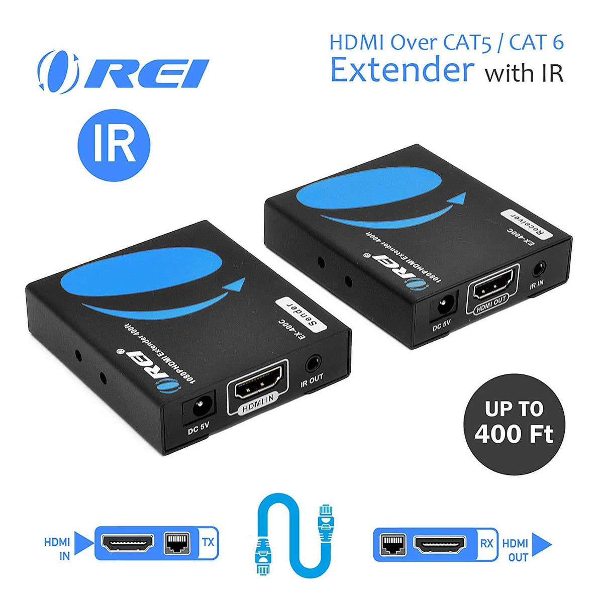 HDMI Extender Over LAN Single CAT5e/CAT6A/CAT7 Cable Uncompressed 1080p 60Hz with IR Up to 400 Ft Transmitter and Receiver W218626