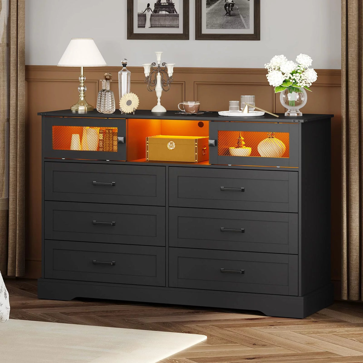 Black 6 Drawer Dresser with 2 Sliding Doors O46261