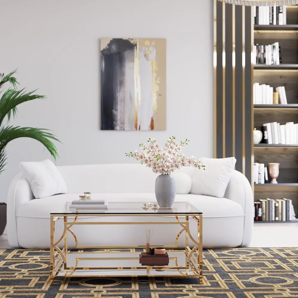 Square Metal and Glass Coffee Table in Polish Gold L9196
