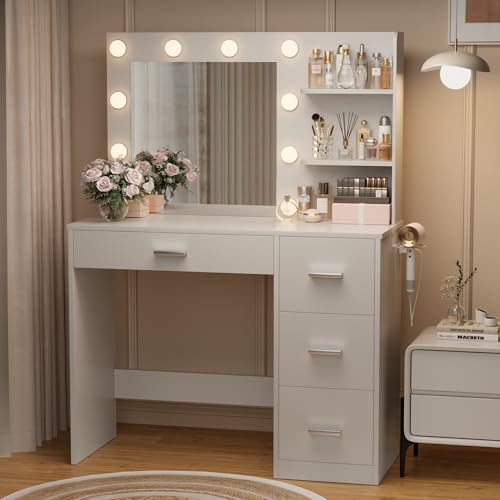 White Vanity Desk with Mirror and 4 Drawers B66929
