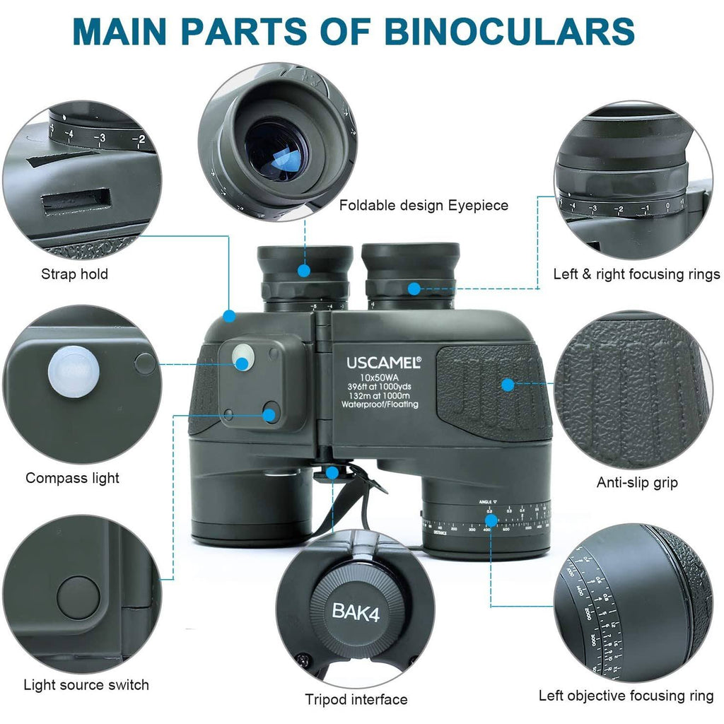10x50 Waterproof Binoculars with Rangefinder Compass BAK4 Prism FMC Lens C7937