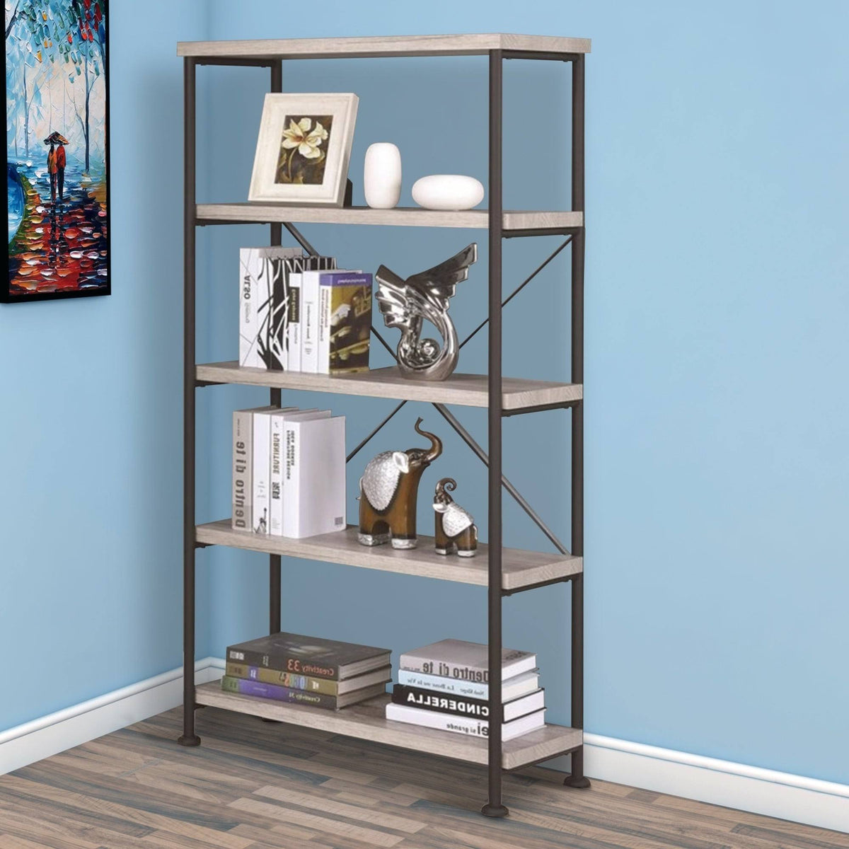Gray Wood and Metal Open Bookcase R282