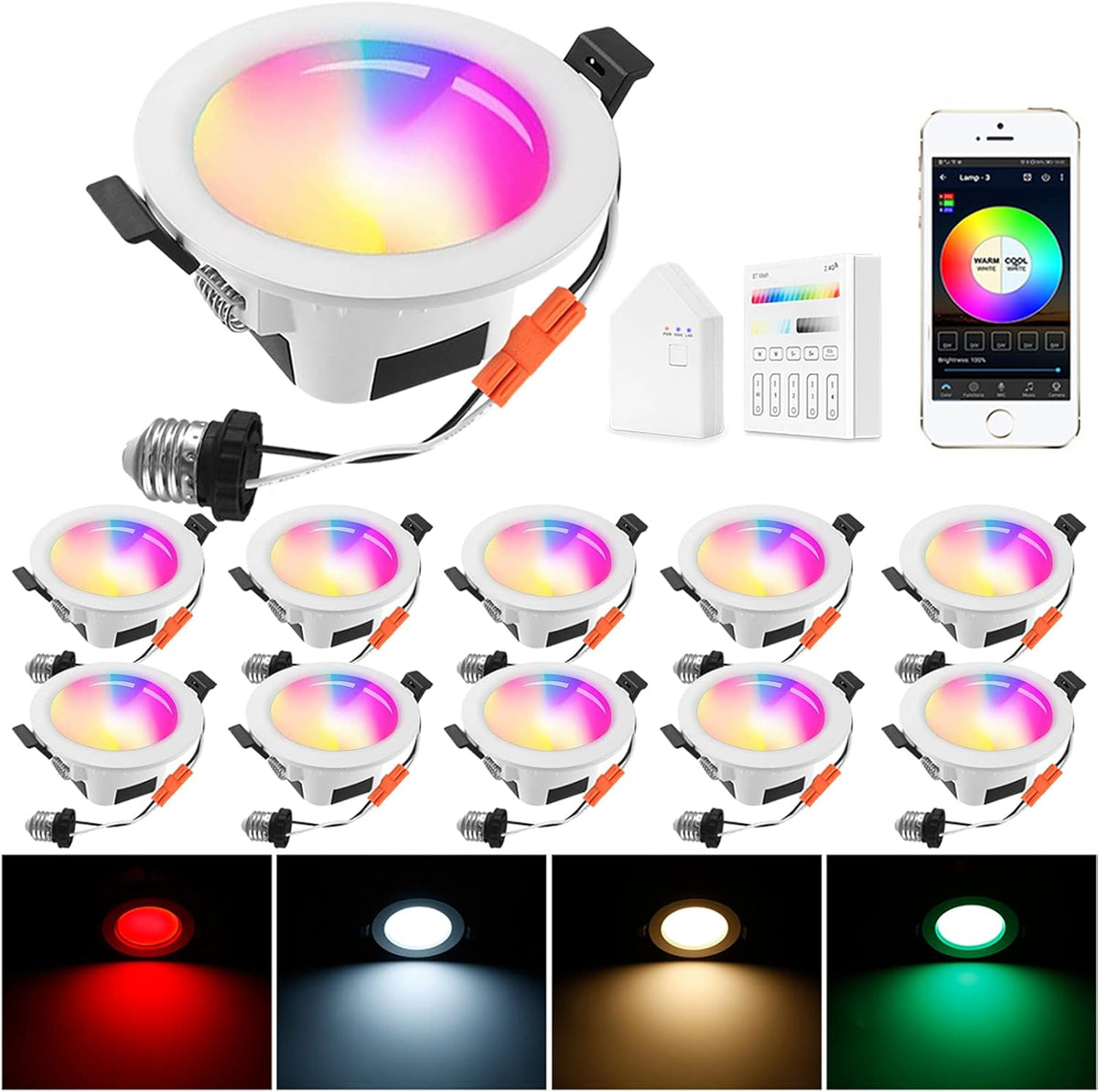 6 Inch RGBCW Dimmable LED Recessed Downlight, 4 Pack V374