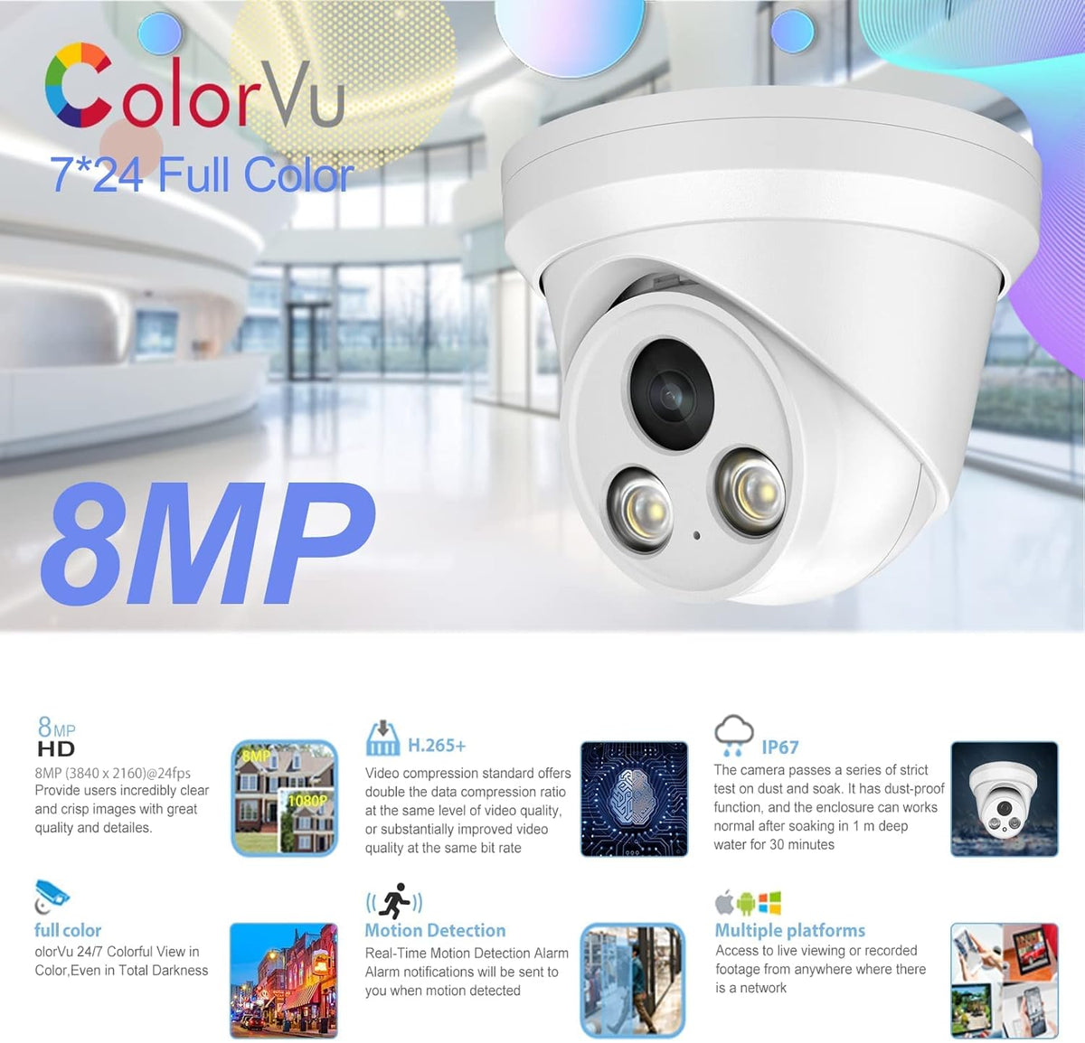 4K Full Color Night Vision 8MP POE Dome IP Camera X842909