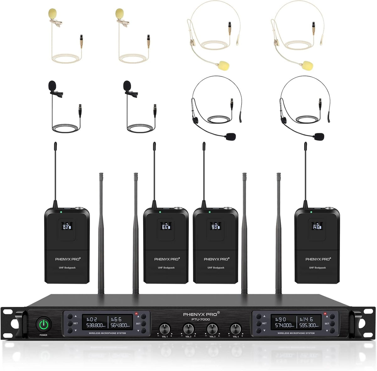 Wireless Microphone System, Quad Channel Cordless Mic Set with Four Bodypacks and Headsets/Lapels S36694