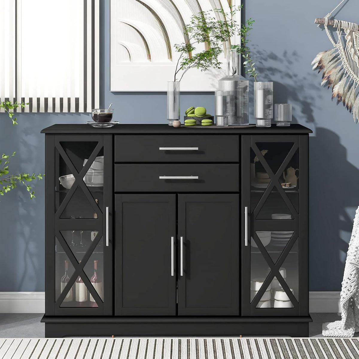 Modern Wooden Console Table with 2 Drawers, 2 Cabinets and 1 Shelf N46713