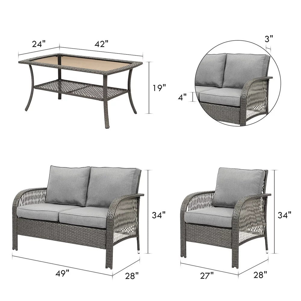 4 Pcs Patio Wicker Conversation Set with Coffee Table and Cushions R86304