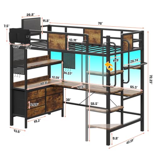 Twin Size Loft Bed with Desk and 5 Storage Drawer Cabinets O430171