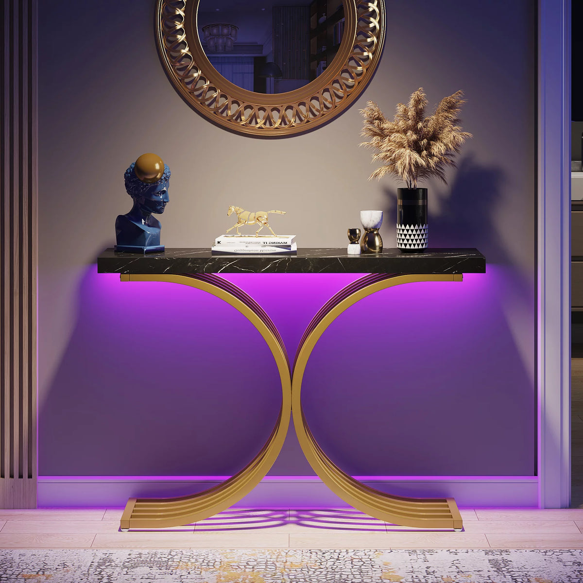 Gold Entryway Console Table with Faux Marble Top C612124