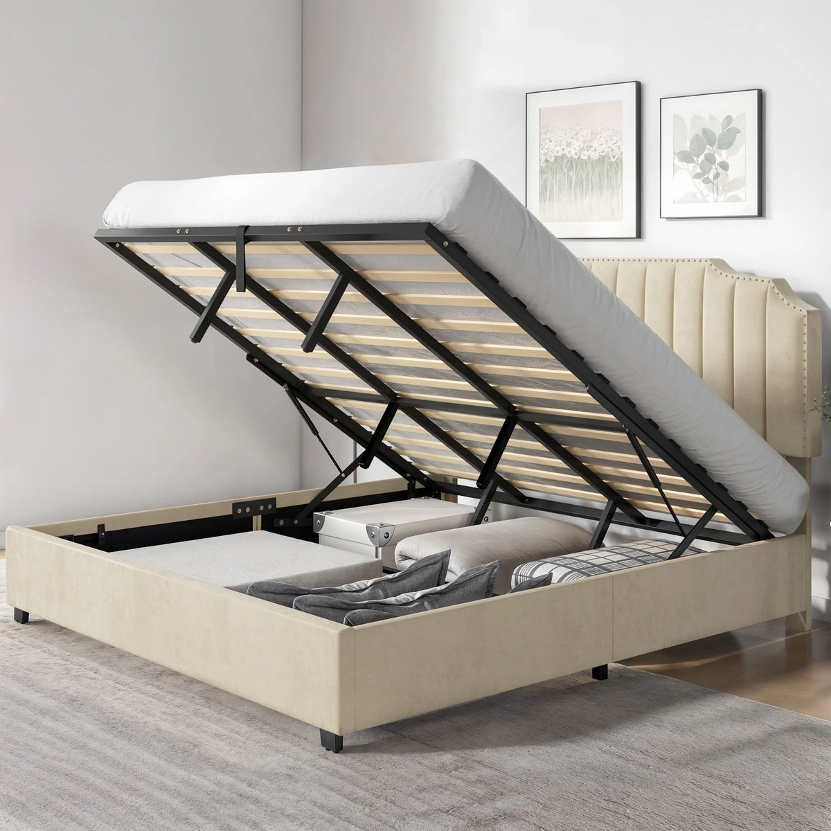 King Lift Up Storage Velvet Upholstered Platform Bed Frame M53067