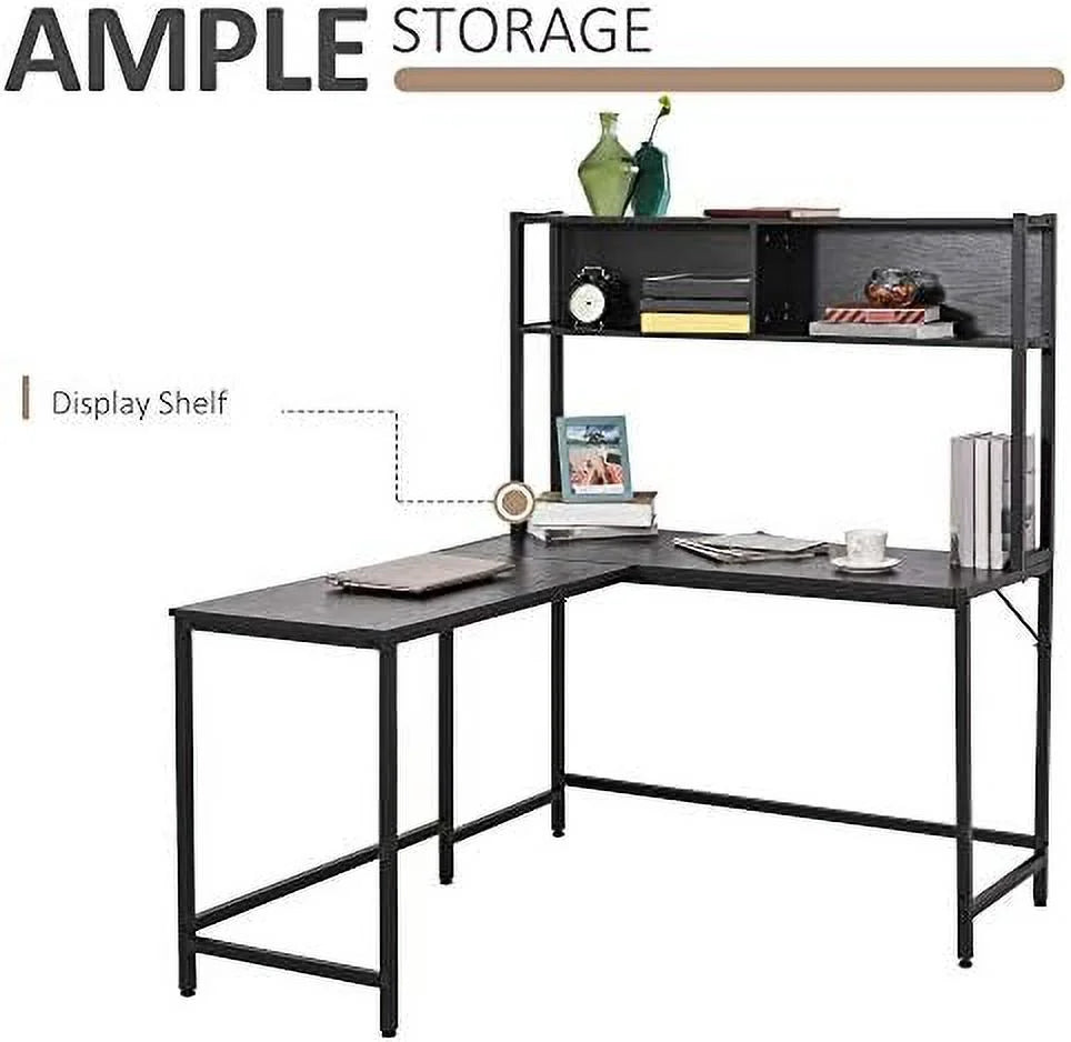55 Inch L Shaped Computer Desk with Hutch Black R7905