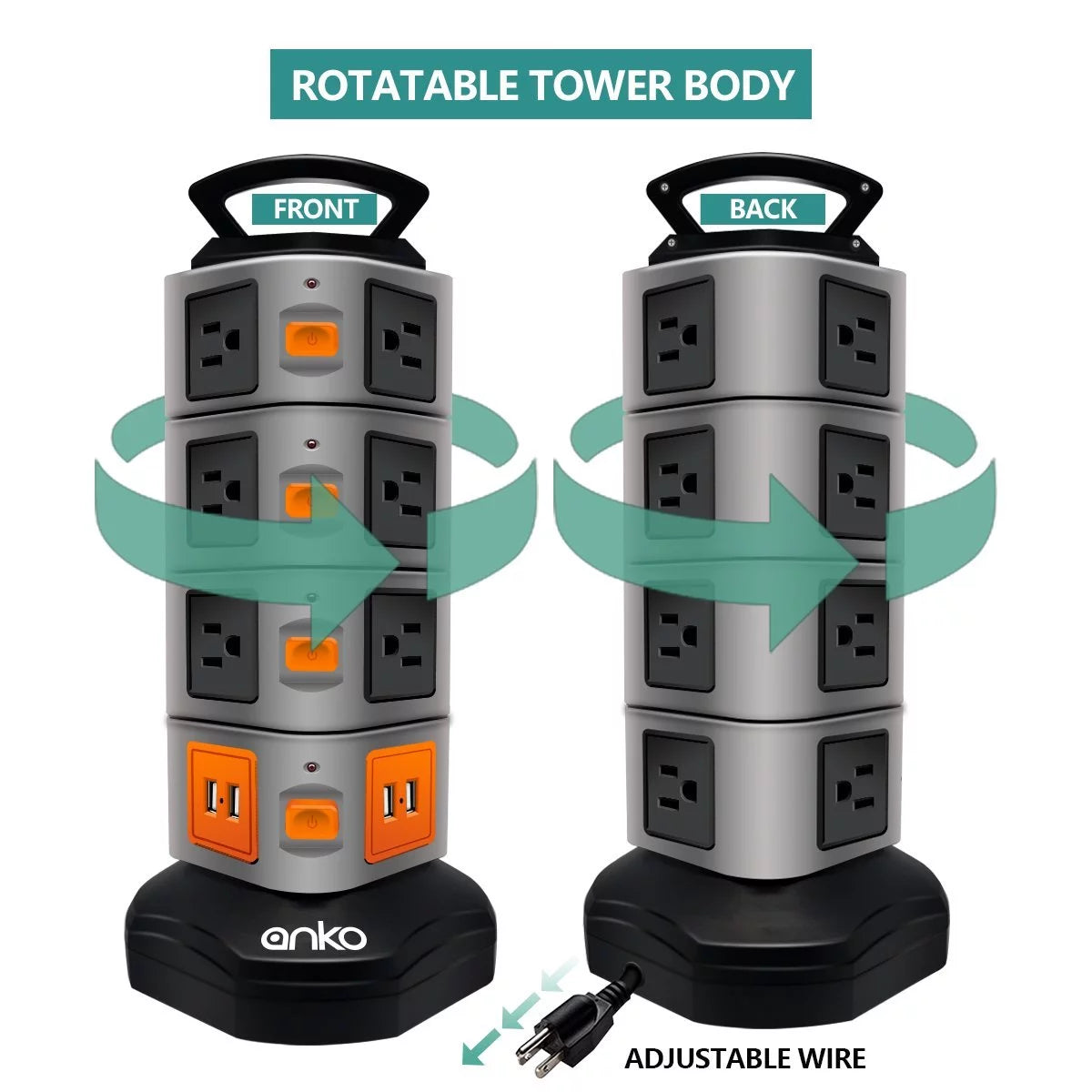 3000W 14 Outlet 4 USB Power Strip Tower G14977