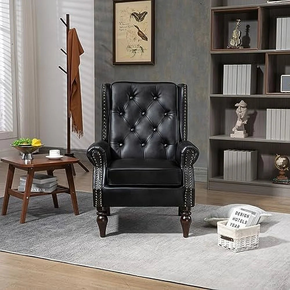 PU Leather Button Tufted Wing Back Accent Chair with Rubber Wood Legs Z94314