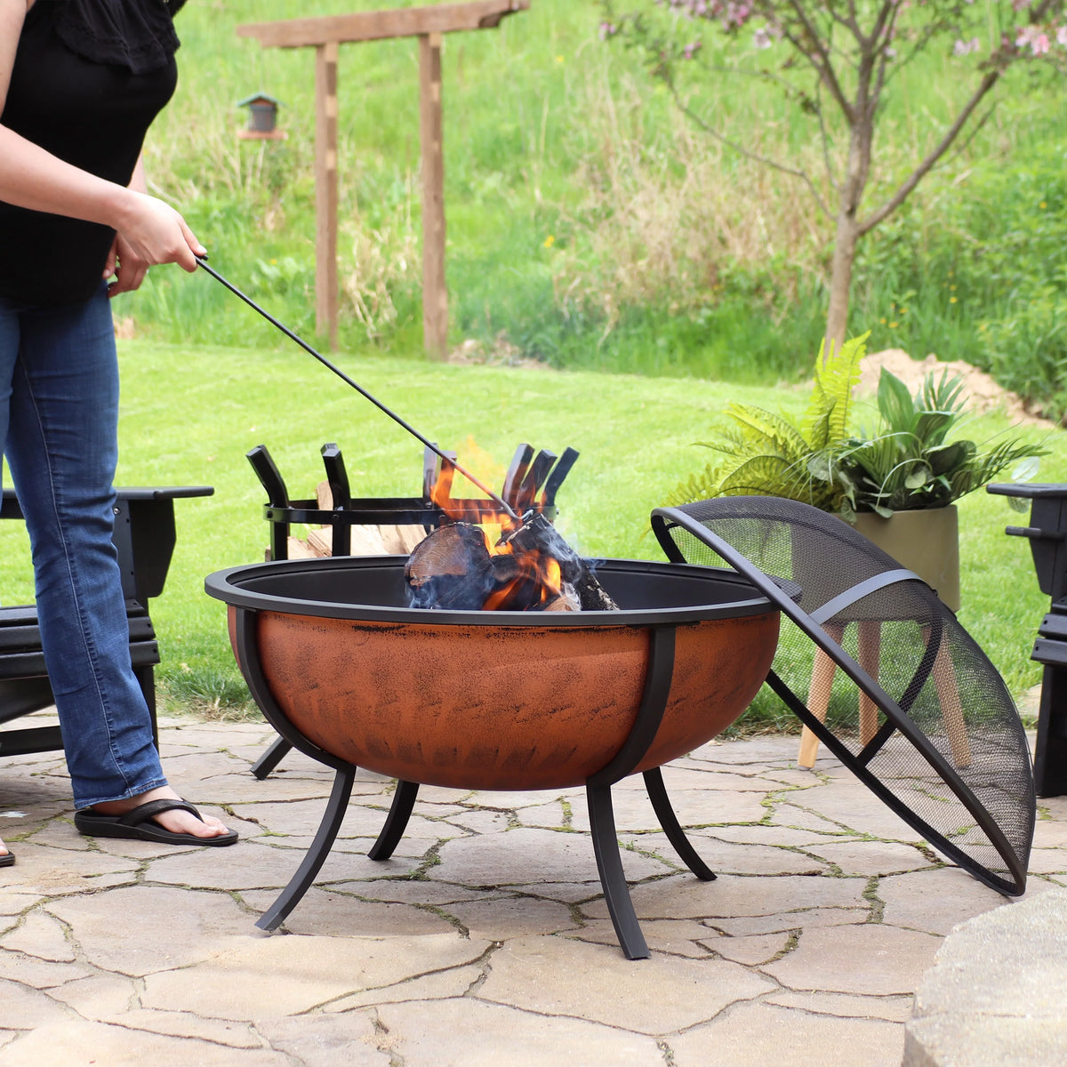 Copper Raised Outdoor Fire Pit Bowl with Spark Screen - 32" O4473