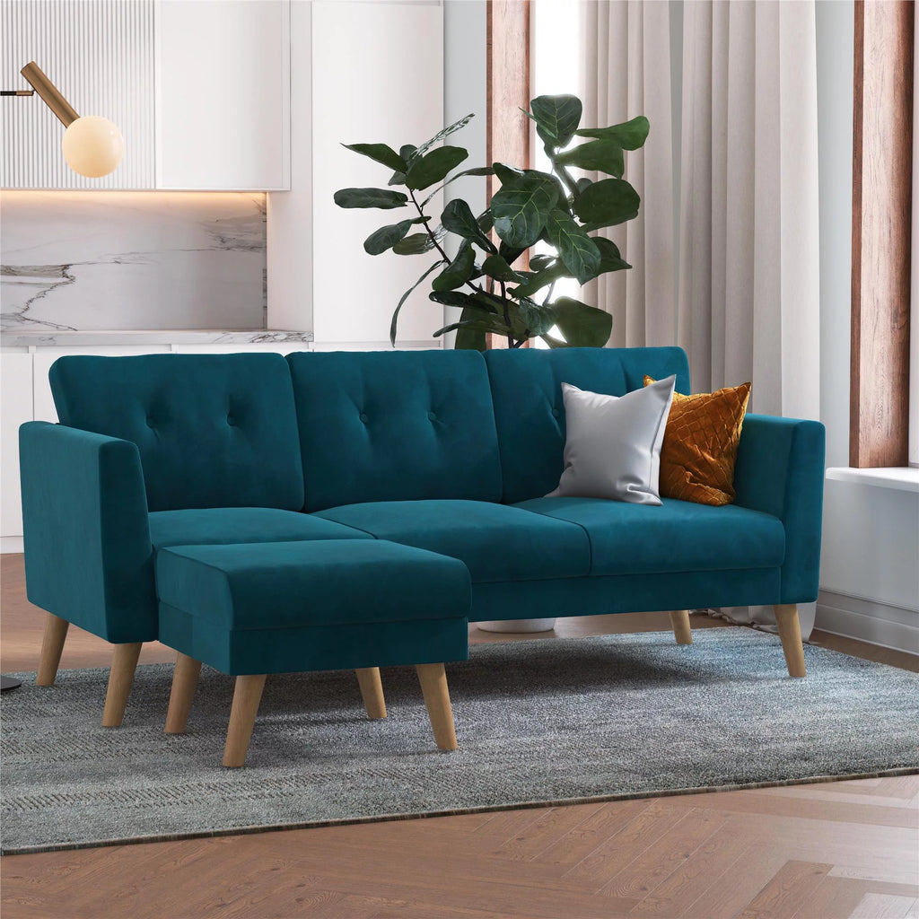 Blue Velvet Upholstered Sectional Sofa with Ottoman W5771